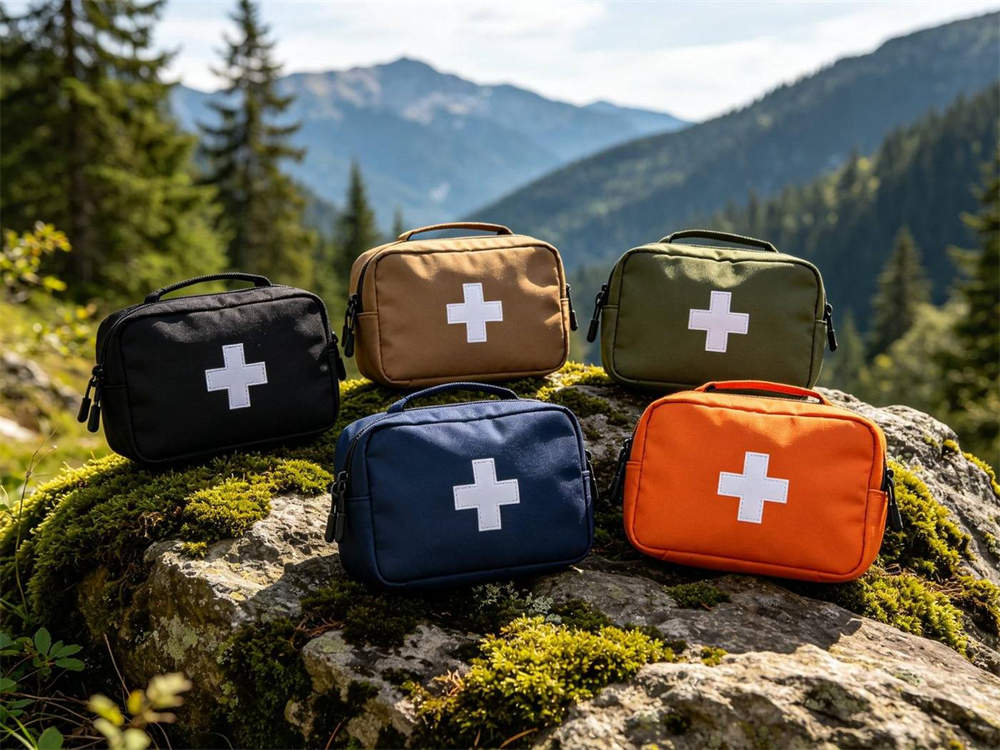 Wide angle outdoor mountain scene with five tactical first aid pouches in black coyote brown ranger green navy blue and orange each with white cross emblem arranged on mossy rock overlooking forest valley