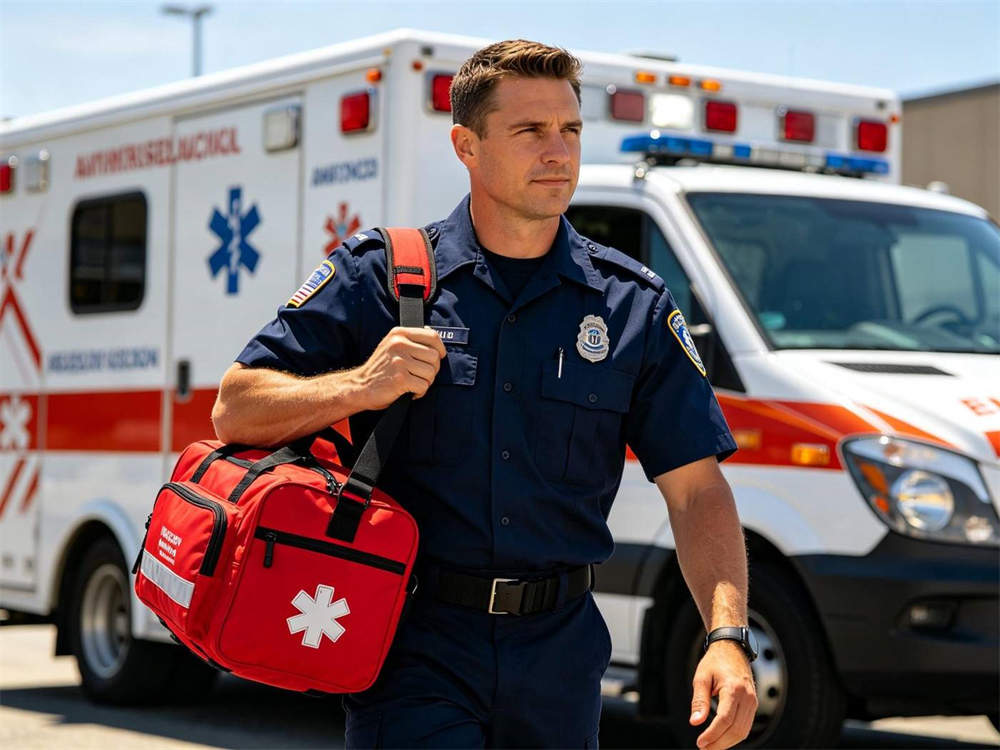 Medium shot of EMS first responder in red uniform carrying black medical kit with white cross next to ambulance in urban emergency response scene bright daylight European face