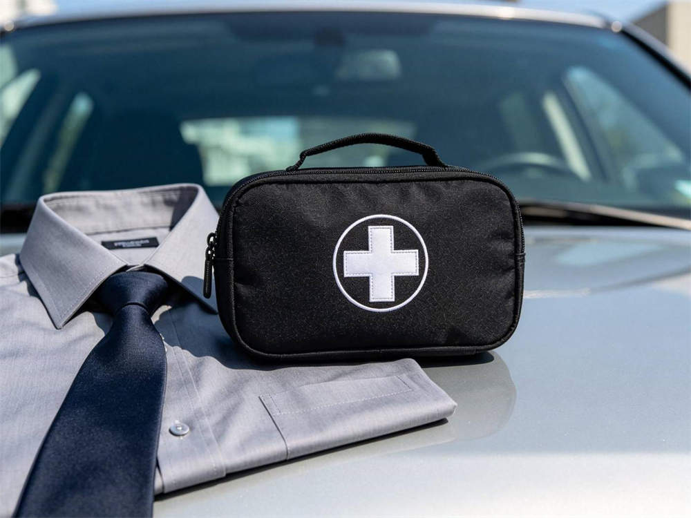 Product shot of black first aid pouch with white cross emblem displayed next to light gray dress shirt and dark tie on executive protection vehicle hood bright daylight