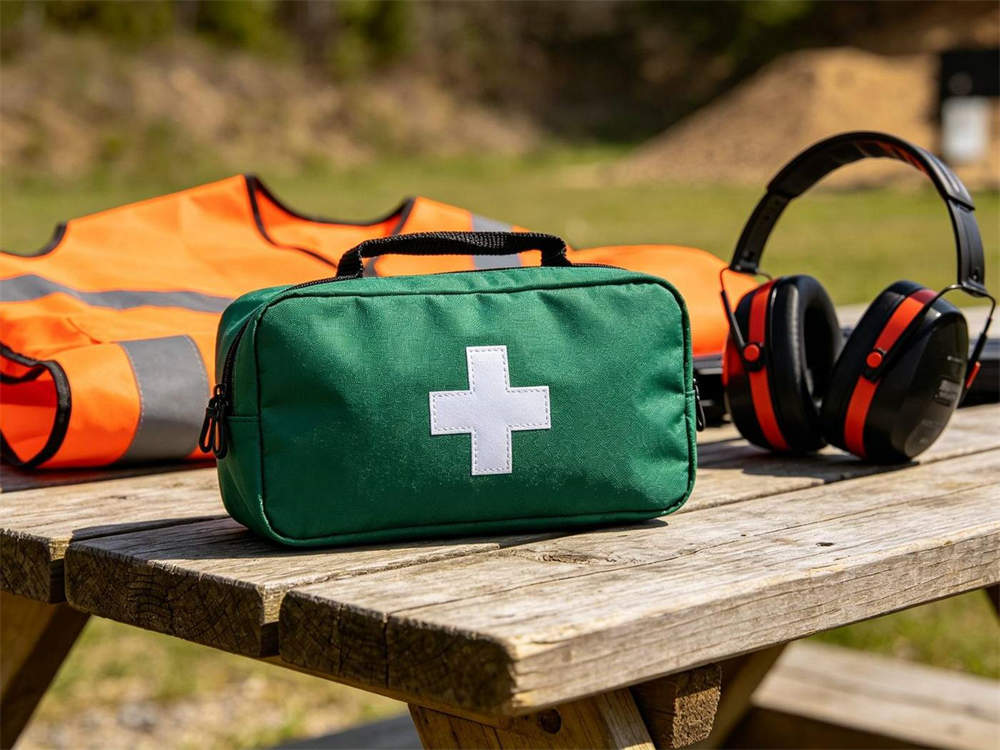 Product shot of green first aid kit with white cross on wooden picnic table at outdoor shooting range with orange safety vest and ear protection placed nearby bright daylight