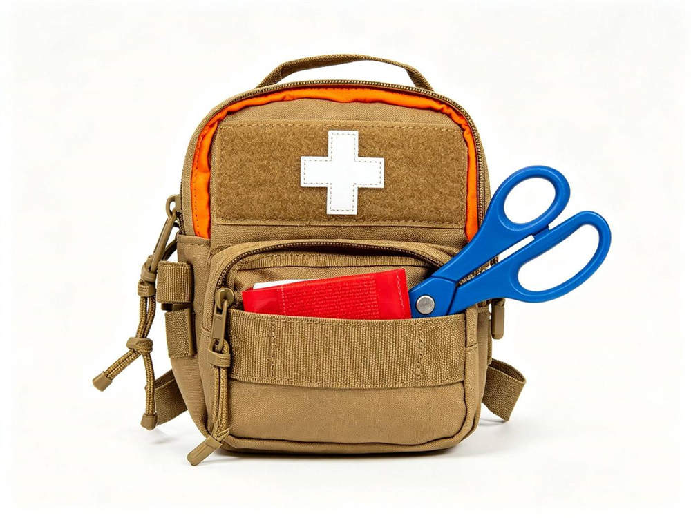 Product shot of enhanced configuration coyote brown medical pouch with white cross orange interior visible blue trauma shears attached and red bandage in external pocket white background