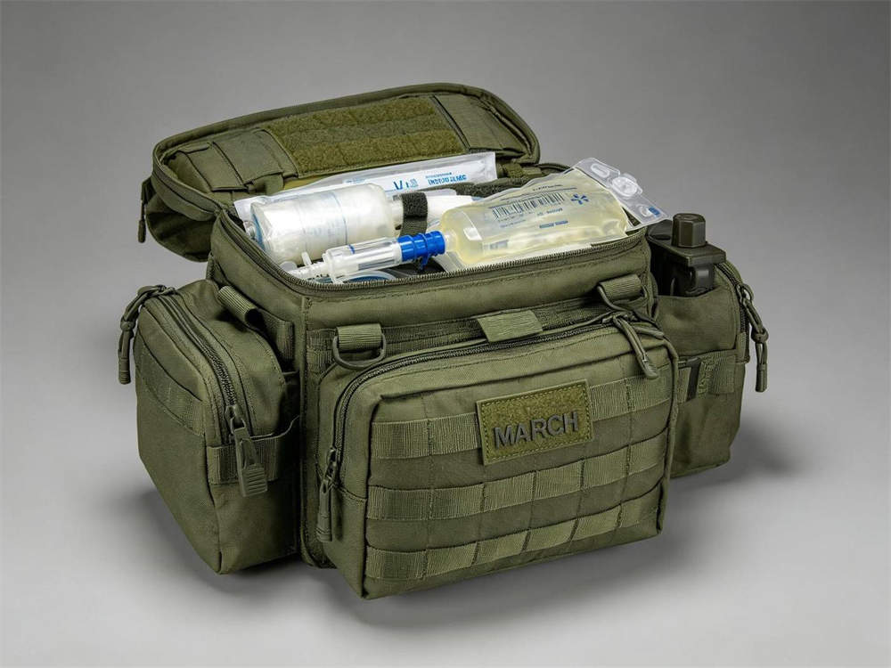 Product shot of advanced trauma medical kit in ranger green with MOLLE webbing and white cross emblem displayed on white background with organized trauma supplies