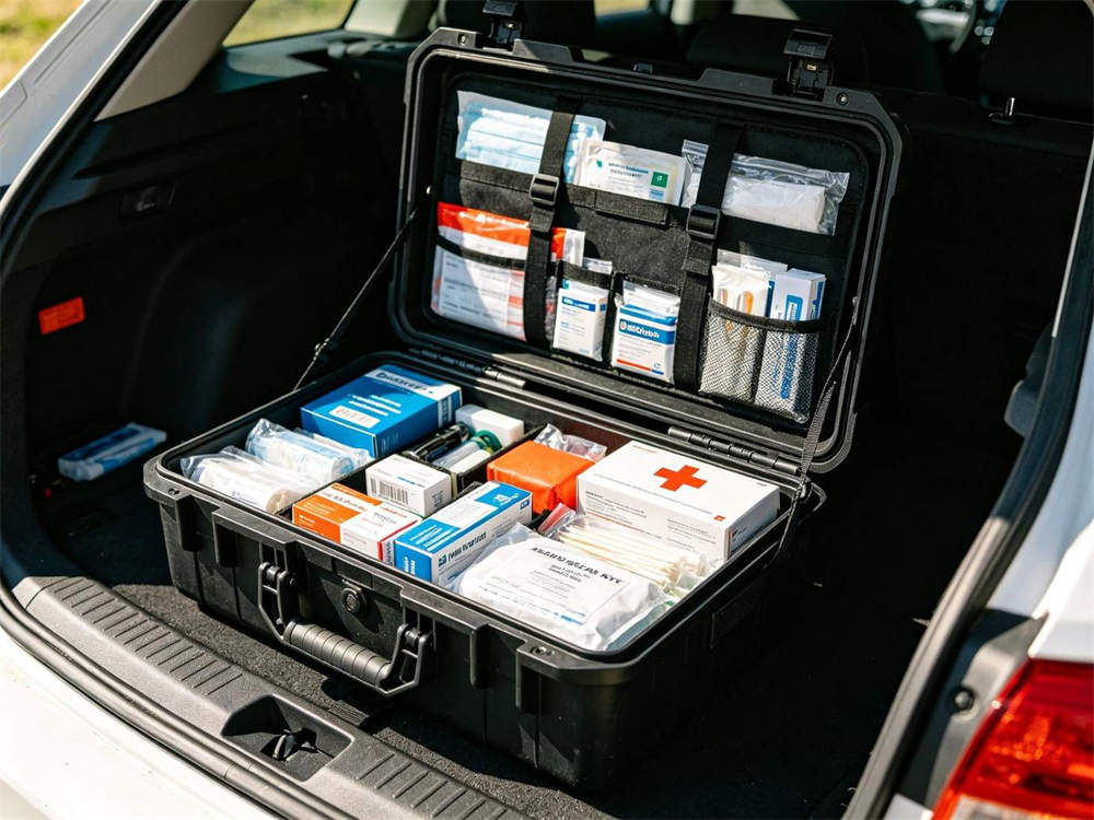 Product shot of vehicle mounted hard shell medical kit in black with orange interior placed in car trunk white background studio shot product fills frame