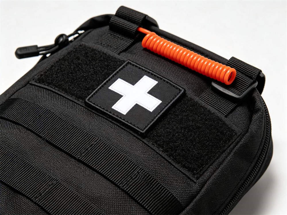 Macro close up of MOLLE webbing detail on black medical pouch with white cross emblem black 500D nylon PALS webbing orange tourniquet attached white background