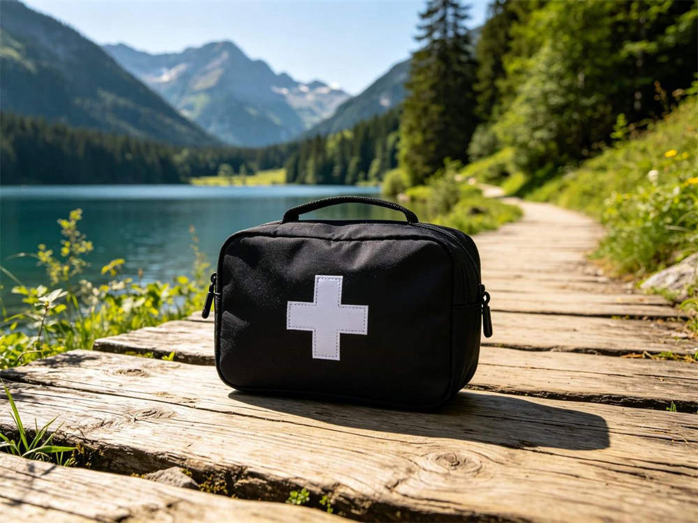 Outdoor scene of black medical pouch with white cross emblem placed on wooden hiking trail with mountain lake and green forest background bright natural daylight