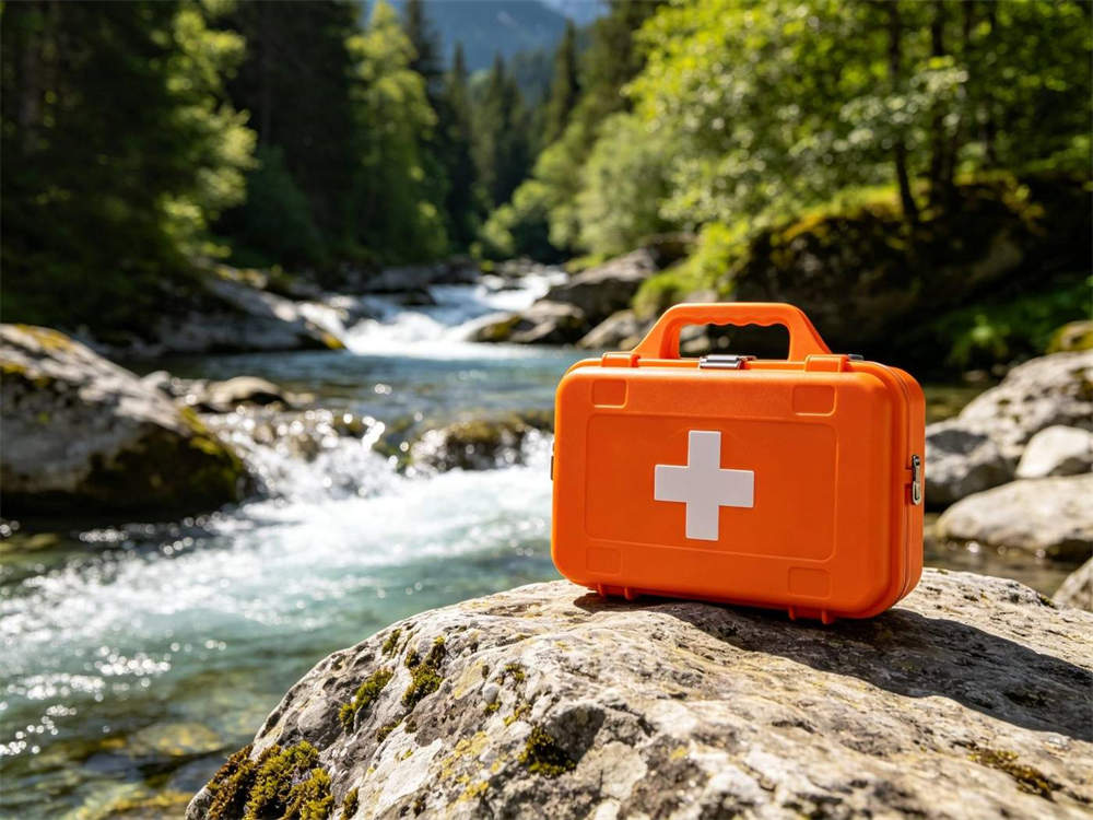 Outdoor scene of orange first aid kit with white cross on rock near mountain stream with flowing water and green trees background bright daylight refreshing scene