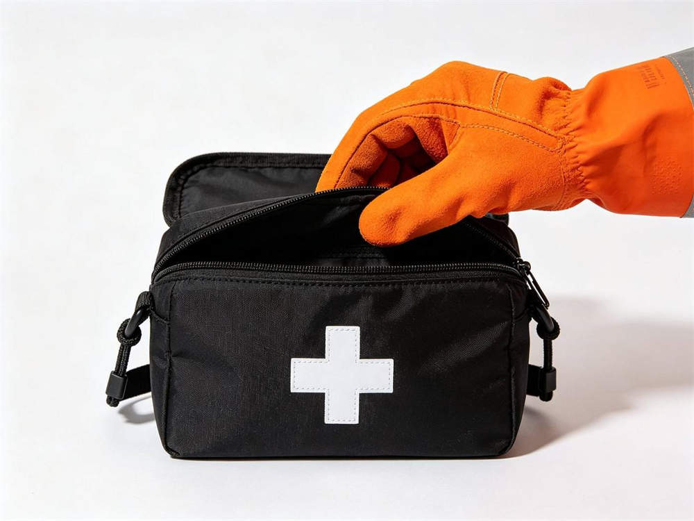 Close up studio shot of orange safety gloved hand opening black medical pouch with white cross one handed operation demonstration white background bright lighting
