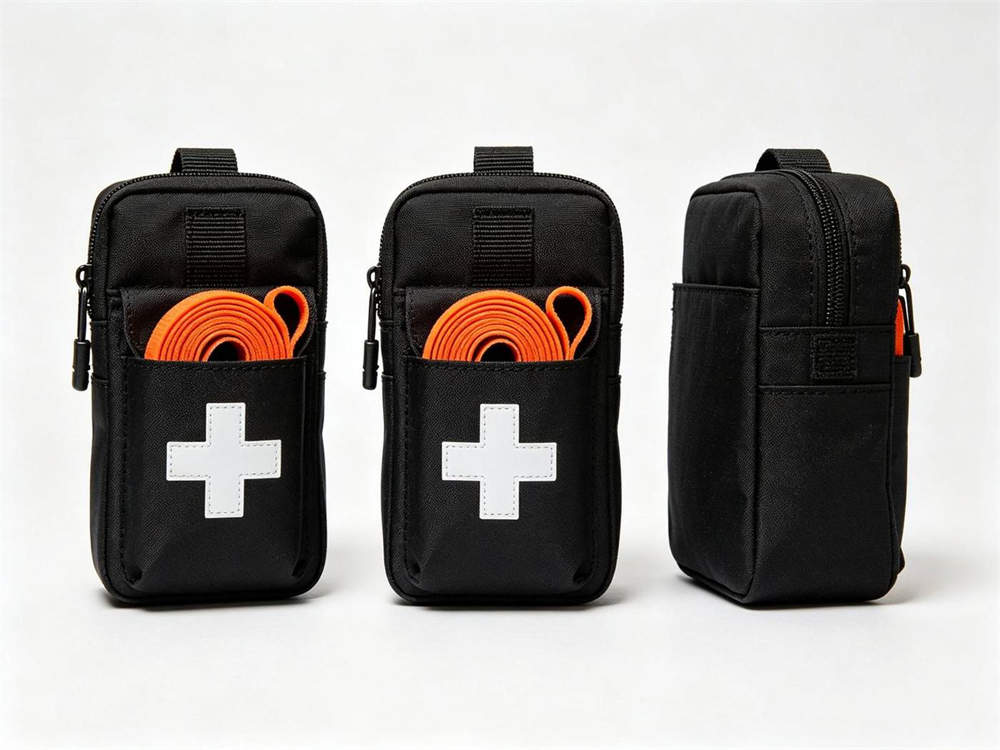 Product shot of three angle views of black first aid kit with white cross and orange tourniquet in external pocket front side and back views white background
