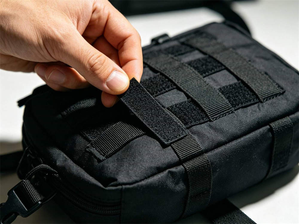 Product shot of tear away design demonstration showing hand pulling red tab on black medical pouch with white cross to release from MOLLE mounting plate white background