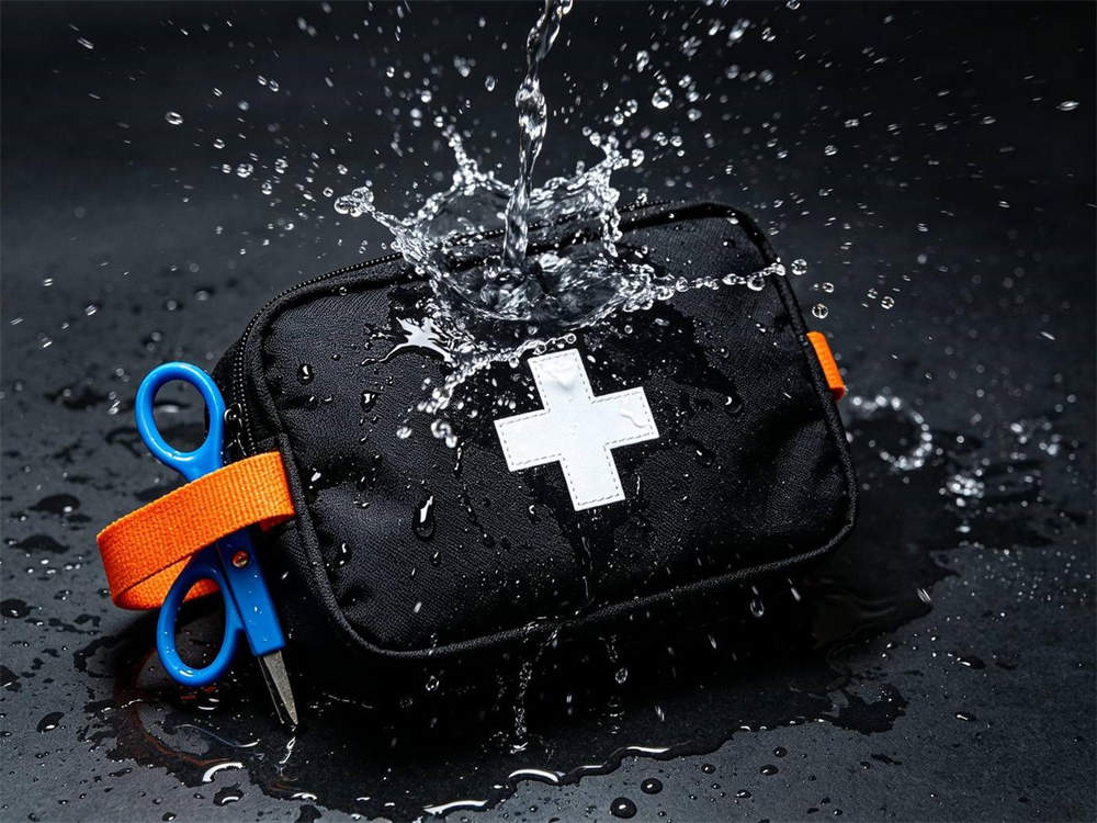 Action shot of water resistance test on black medical pouch with white cross emblem water droplets spraying orange strap and blue scissors attached dark surface Action shot of water resistance test on black medical pouch with white cross emblem water droplets spraying orange strap and blue scissors attached dark surface