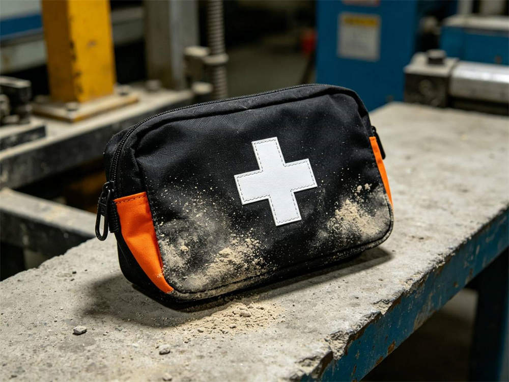 Industrial testing scene of black medical pouch with white cross emblem rubbed against concrete surface orange interior lining visible dust particles bright lighting