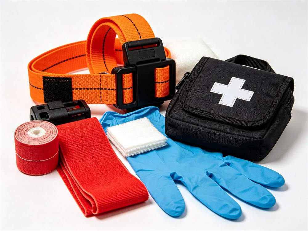 Product arrangement of orange and black tourniquet red bandages blue gloves black medical pouch with white cross and gauze pads arranged together on white background