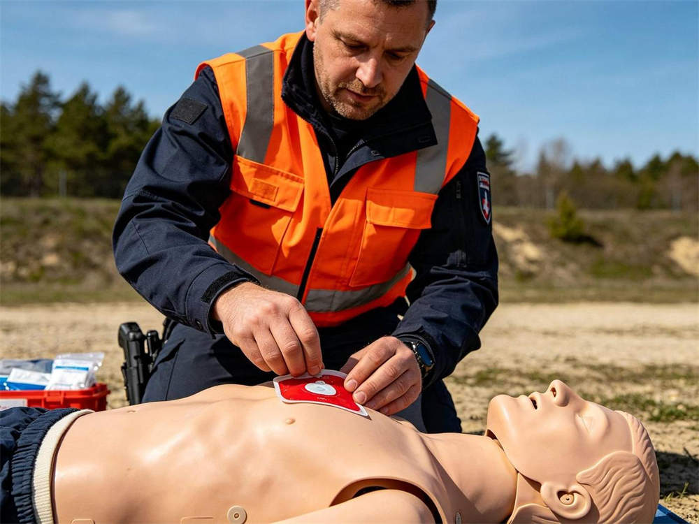 Outdoor training scene of first responder in orange safety vest applying red chest seal to training mannequin on outdoor training ground bright daylight European face Outdoor training scene of first responder in orange safety vest applying red chest seal to training mannequin on outdoor training ground bright daylight European face