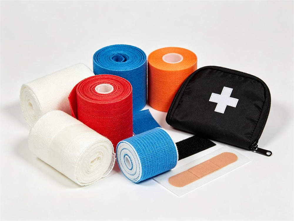 Product arrangement of white pressure bandages red rolled gauze blue elastic bandage orange cohesive wrap and black pouch with white cross on white background colorful