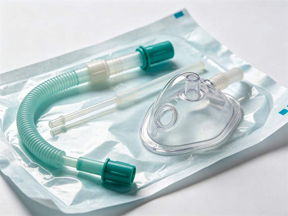 Product shot of nasopharyngeal airway and CPR mask with blue gloves and red bandage arranged on white background medical airway supplies