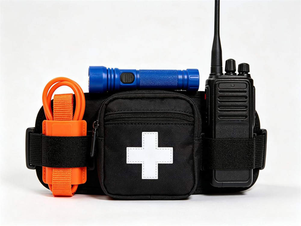 Product shot of black first aid pouch with white cross on duty belt with orange tourniquet holder blue flashlight and black radio white background studio display