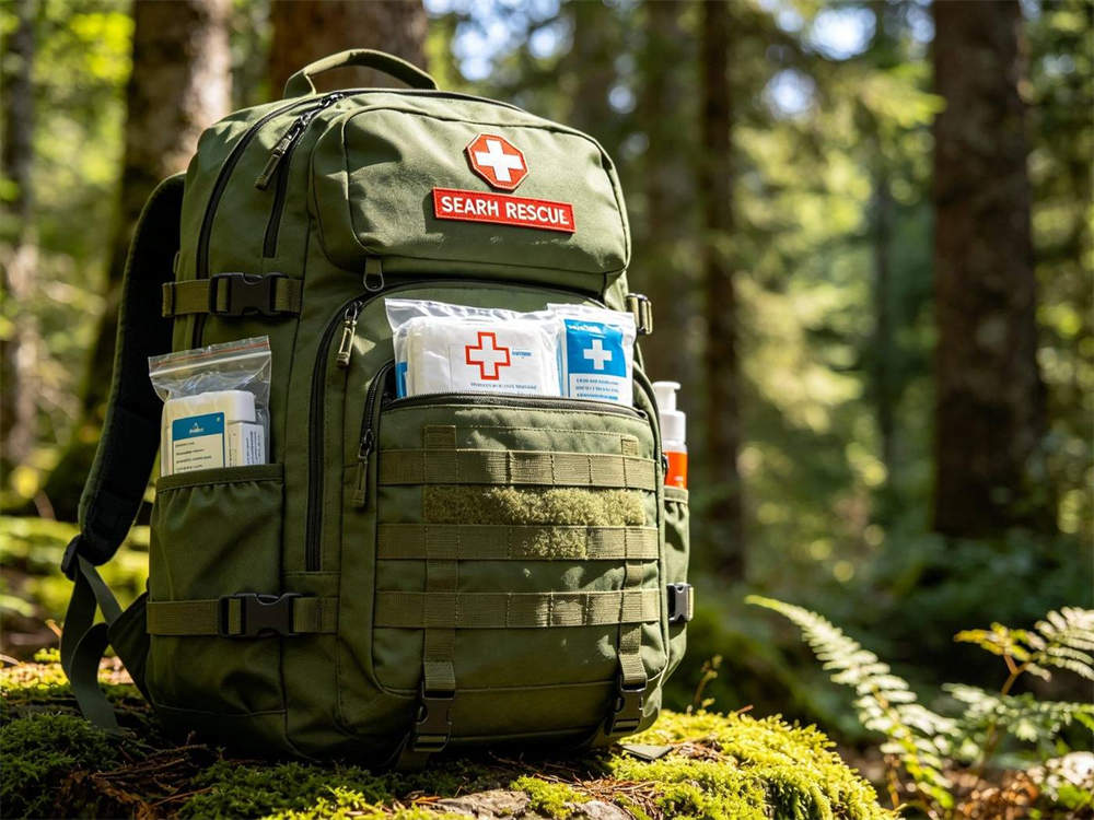 Outdoor forest scene of green search and rescue backpack with medical supplies on hiking trail with mountain background bright daylight European first responder