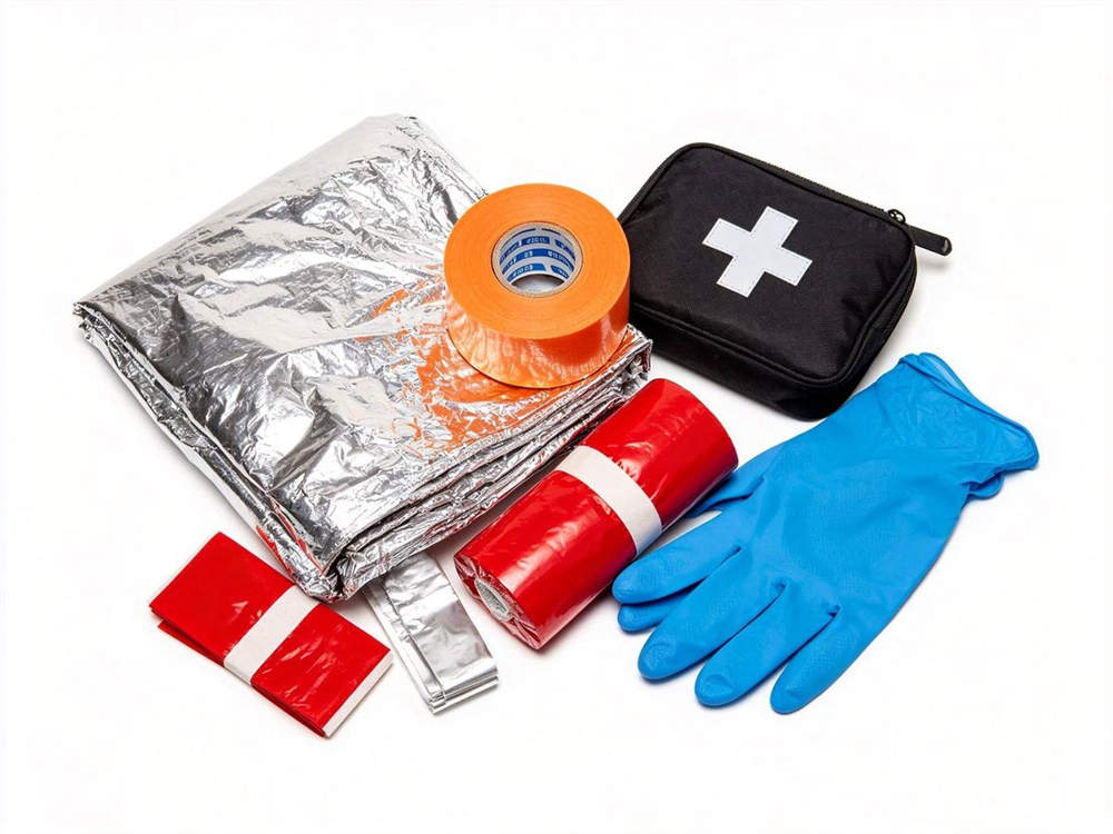 Product arrangement of silver emergency blanket orange medical tape blue gloves red bandages and black pouch with white cross arranged together on white background