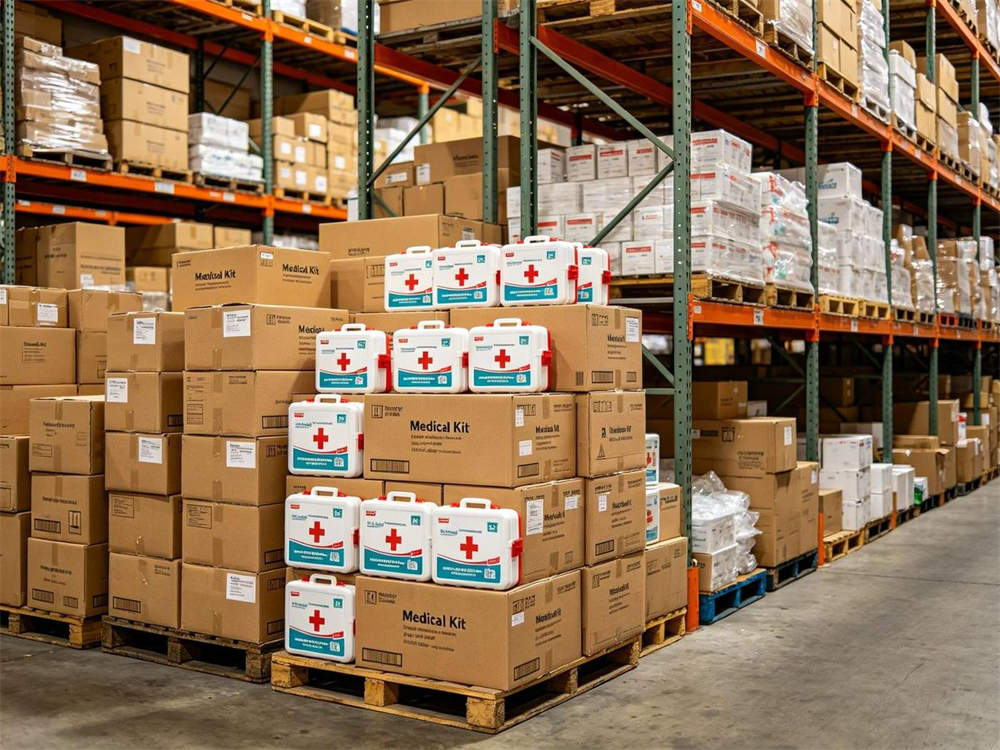 Warehouse scene of medical kit inventory with cardboard boxes and first aid pouches on shelves organized storage bright lighting