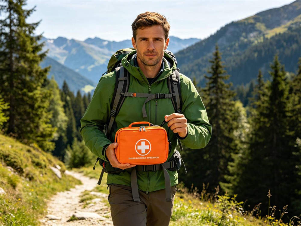 Outdoor hiking scene of orange first aid kit with white cross on backpack with European hiker in mountain forest bright daylight adventure setting