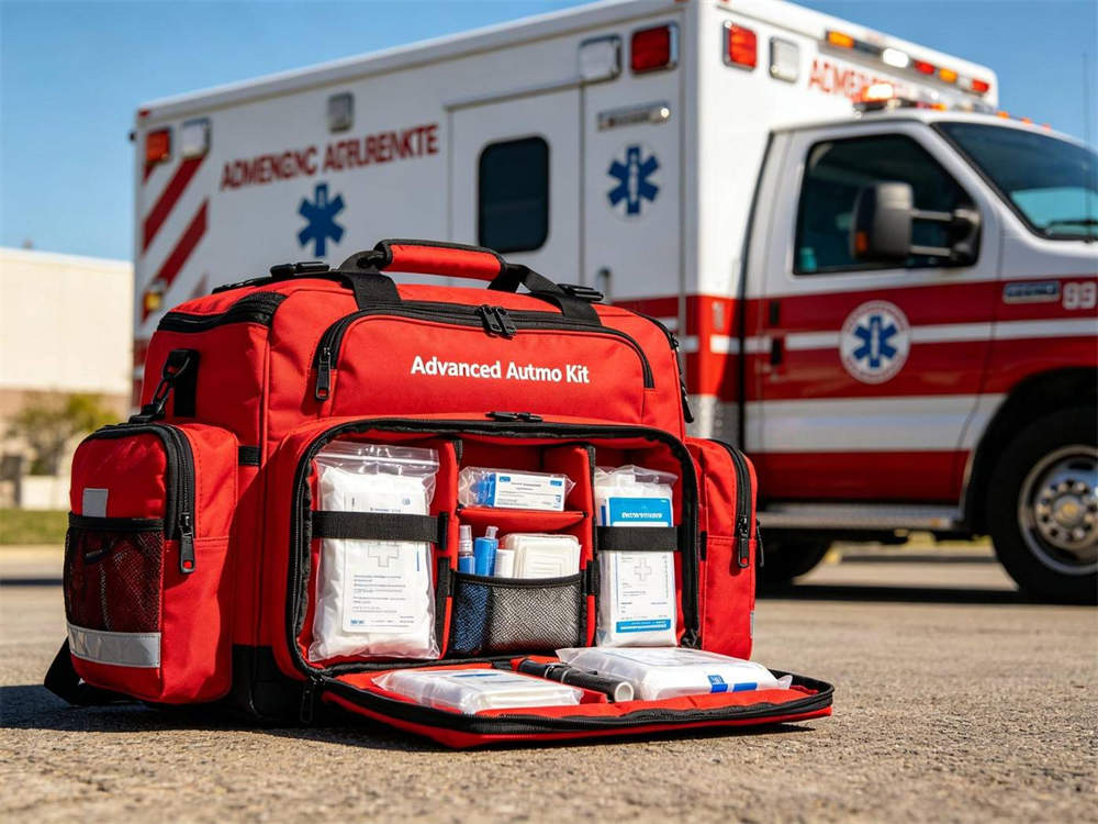 Outdoor scene of red advanced trauma kit with white cross next to ambulance in urban emergency response setting bright daylight European paramedic