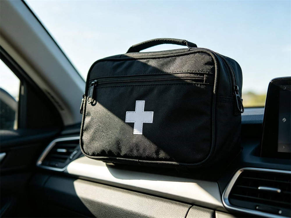 Product shot of black vehicle first aid kit with white cross placed on car dashboard interior bright lighting organized supplies