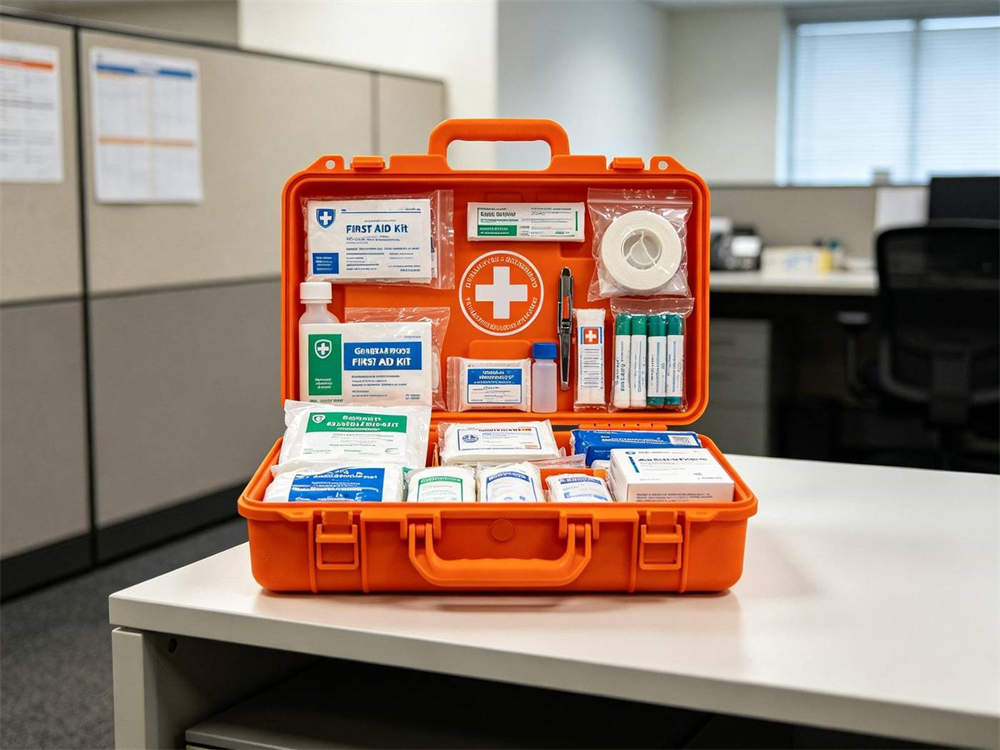 Product shot of orange hard shell general purpose first aid kit with white cross in office setting bright lighting organized supplies visible