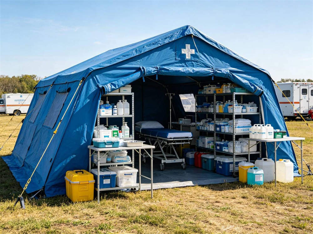 Outdoor scene of blue disaster relief medical station tent with first aid supplies in field setting bright daylight humanitarian response