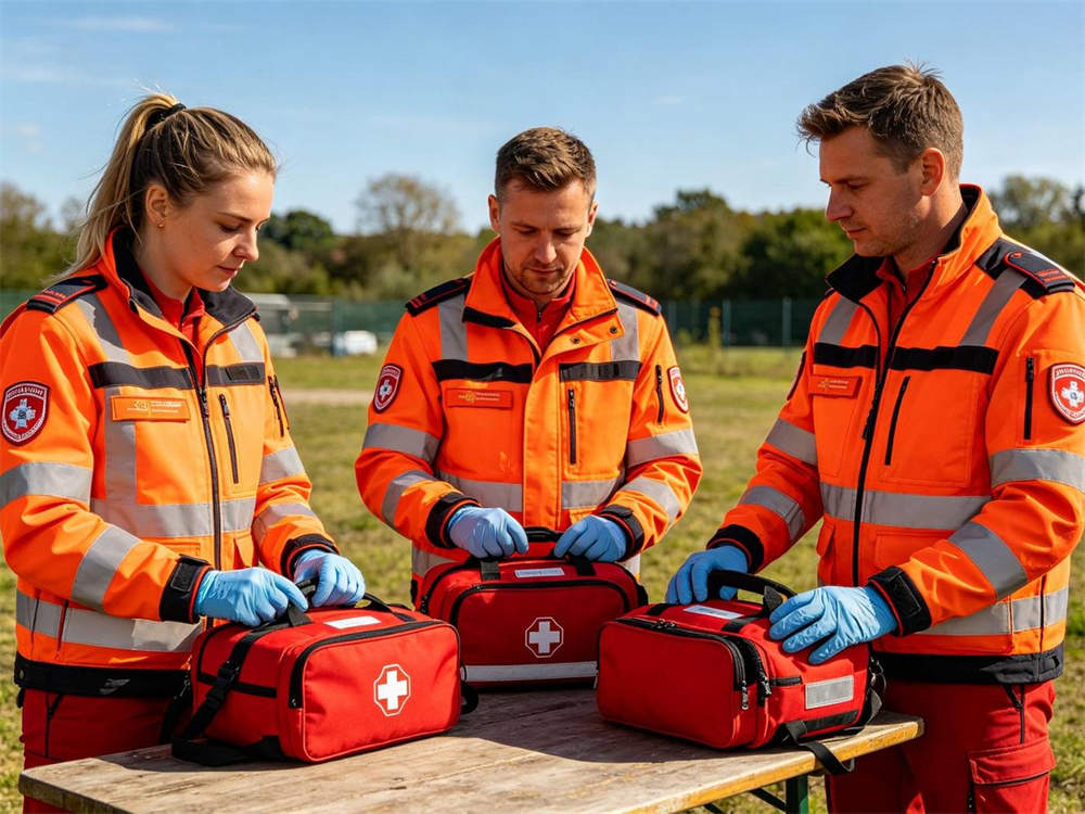 Outdoor training scene of three first responders in bright orange safety vests practicing with red medical kits on outdoor training ground bright daylight