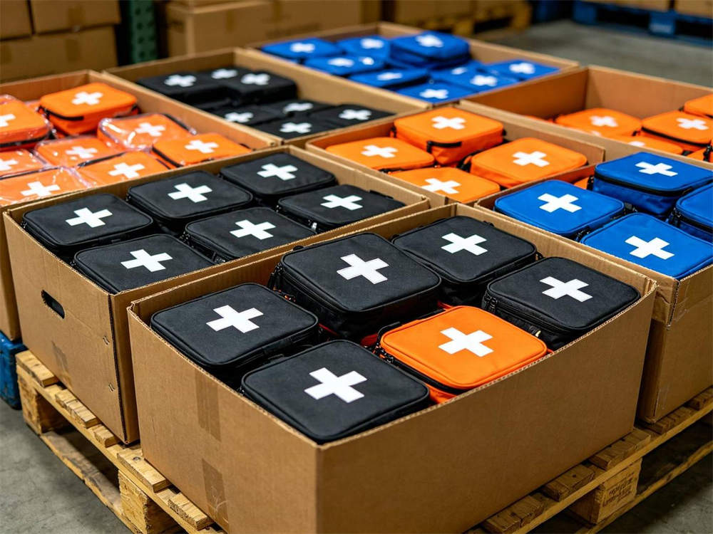 Warehouse scene of bulk order medical kits cardboard boxes with black orange and blue first aid pouches featuring white cross on pallet bright lighting