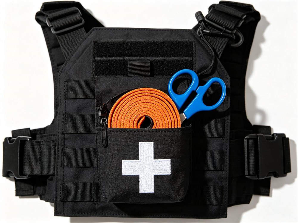 Product shot of black medical pouch with white cross MOLLE mounted on plate carrier with orange tourniquet in external pocket and blue scissors attached white background