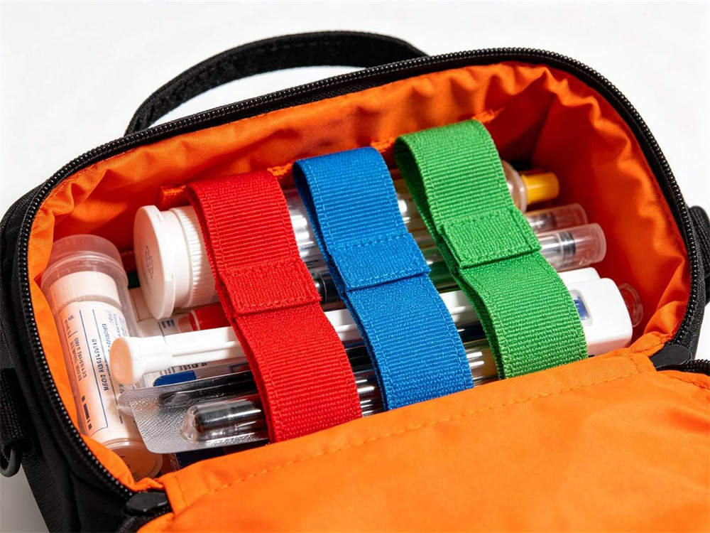 Close up of color coded interior of open black medical pouch with white cross showing red blue green elastic loops holding organized bandages gloves scissors tourniquet