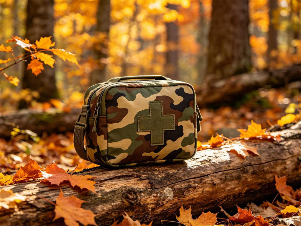Outdoor autumn forest scene of multicam camouflage first aid pouch with brown cross on fallen log with orange and yellow leaves warm natural light