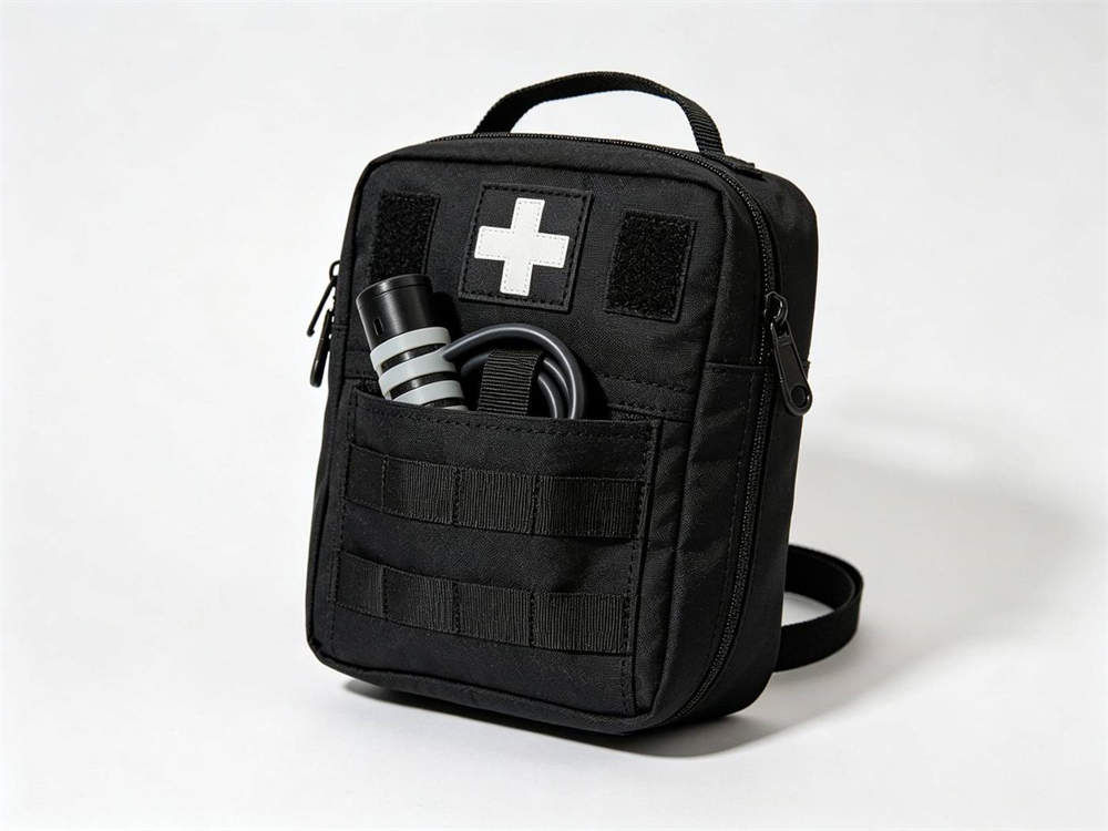 Product shot of black first aid kit with white cross and external tourniquet pocket on white background studio shot product fills frame