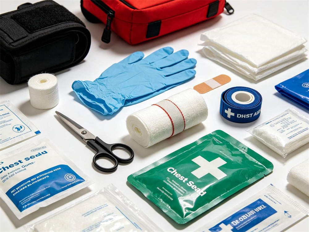 Product arrangement of first aid kit contents bandages gloves shears gauze tourniquet chest seal all organized on white surface product fills frame