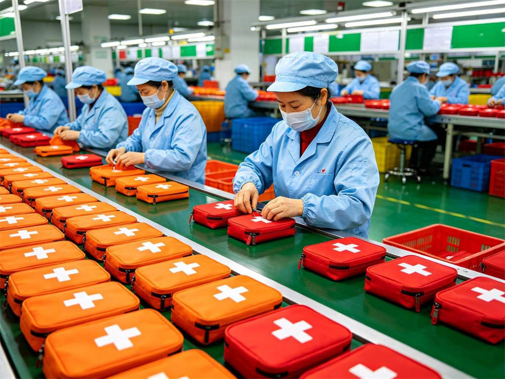 Factory production line scene of Asian workers in light blue uniforms assembling orange and red first aid pouches with white cross bright factory floor colorful products