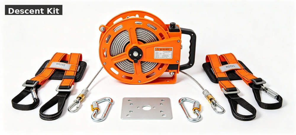 Fire escape descent kit arranged with harness and anchor components for procurement Fire escape descent kit arranged with harness and anchor components for procurement
