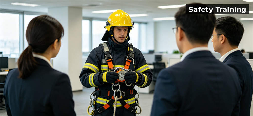 Firefighter explaining emergency descent equipment during safety training for government stockpile, institutional supply and emergency