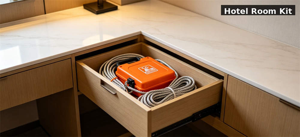 Emergency descent kit stored in a hotel room for rapid access for government stockpile, institutional supply and emergency