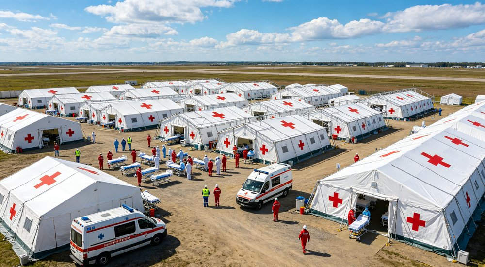 Aerial drone view showing multiple large emergency relief tents arranged in orderly rows across a disaster response camp with clear access pathways and blue sky overhead
