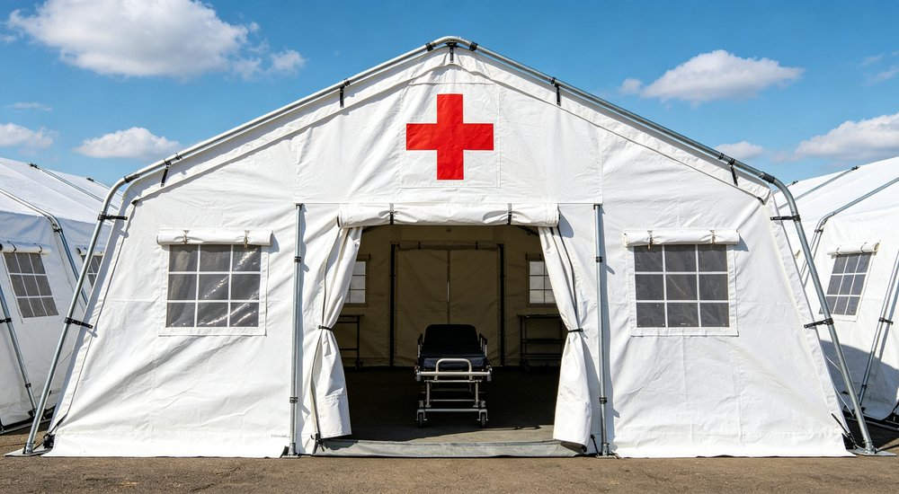 Front entrance view of a heavy duty emergency relief tent displaying the reinforced door frame sturdy zipper entrance and professional military grade construction quality
