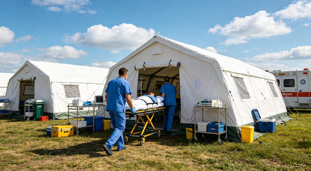 Interior view of a spacious emergency relief tent showing adequate headroom natural lighting through windows and organized living space for displaced family accommodation