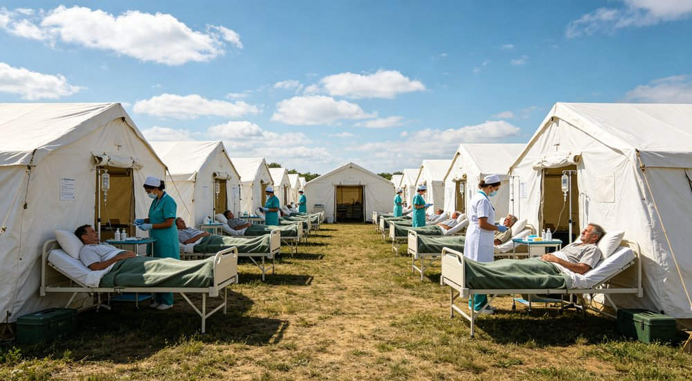 Wide panoramic view of a large humanitarian relief camp with dozens of emergency tents organized in neat rows demonstrating scale of disaster response operations