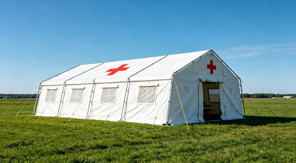 Closeup exterior detail showing reinforced corner seams heavy duty waterproof fabric texture and weatherproof construction of professional emergency relief shelter