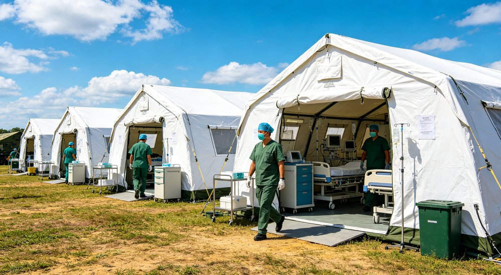 Emergency relief tent camp established after major natural disaster providing temporary shelter for hundreds of displaced families with organized sanitation and support facilities