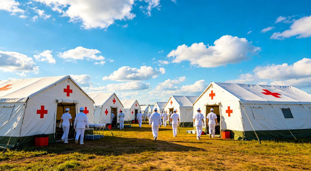 Well organized refugee camp with rows of emergency shelter tents providing dignified long term accommodation for displaced persons under international humanitarian protection standards