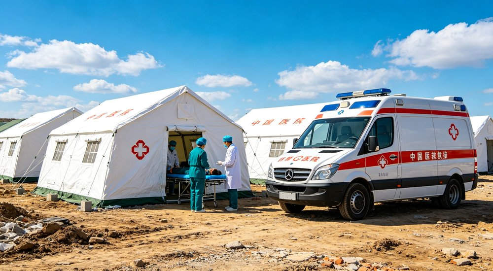 Medical rescue operation area with emergency tents serving as field treatment stations for disaster victims receiving first aid and emergency healthcare from medical teams