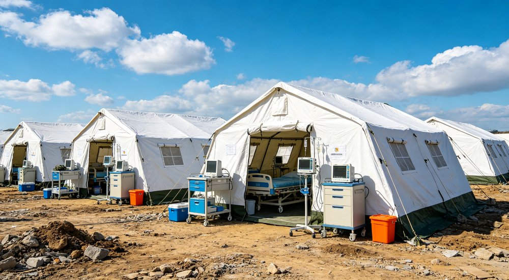 Emergency relief tent standing in heavy winter snow conditions demonstrating cold weather resistance insulation performance and durability for humanitarian operations in harsh climates