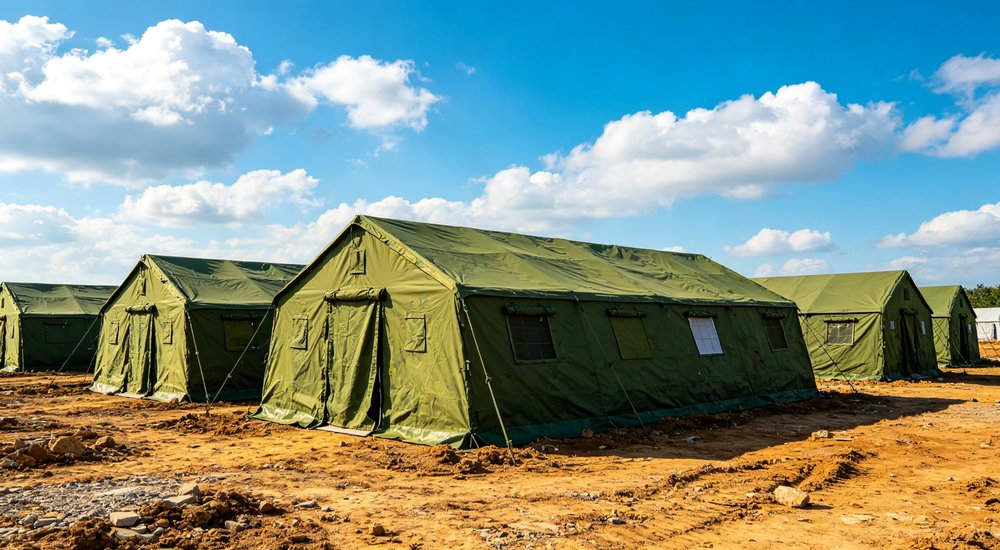 Professional emergency relief tent photographed in field deployment showing sturdy construction waterproof fabric and steel frame design suitable for disaster response and humanitarian aid operations
