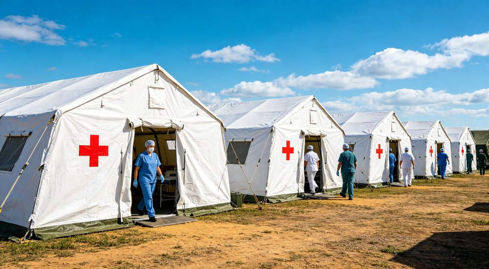 Earthquake affected region showing emergency relief tents deployed near damaged buildings providing immediate safe shelter for survivors while recovery and reconstruction work continues